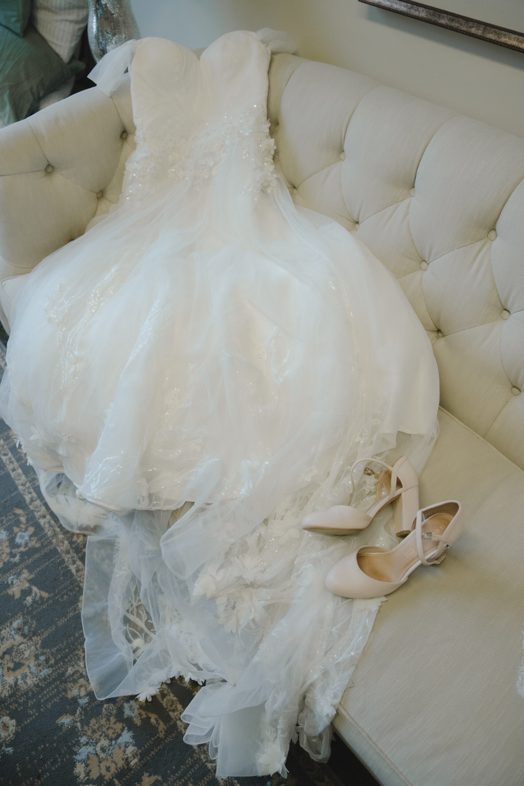 Wedding dress on a couch